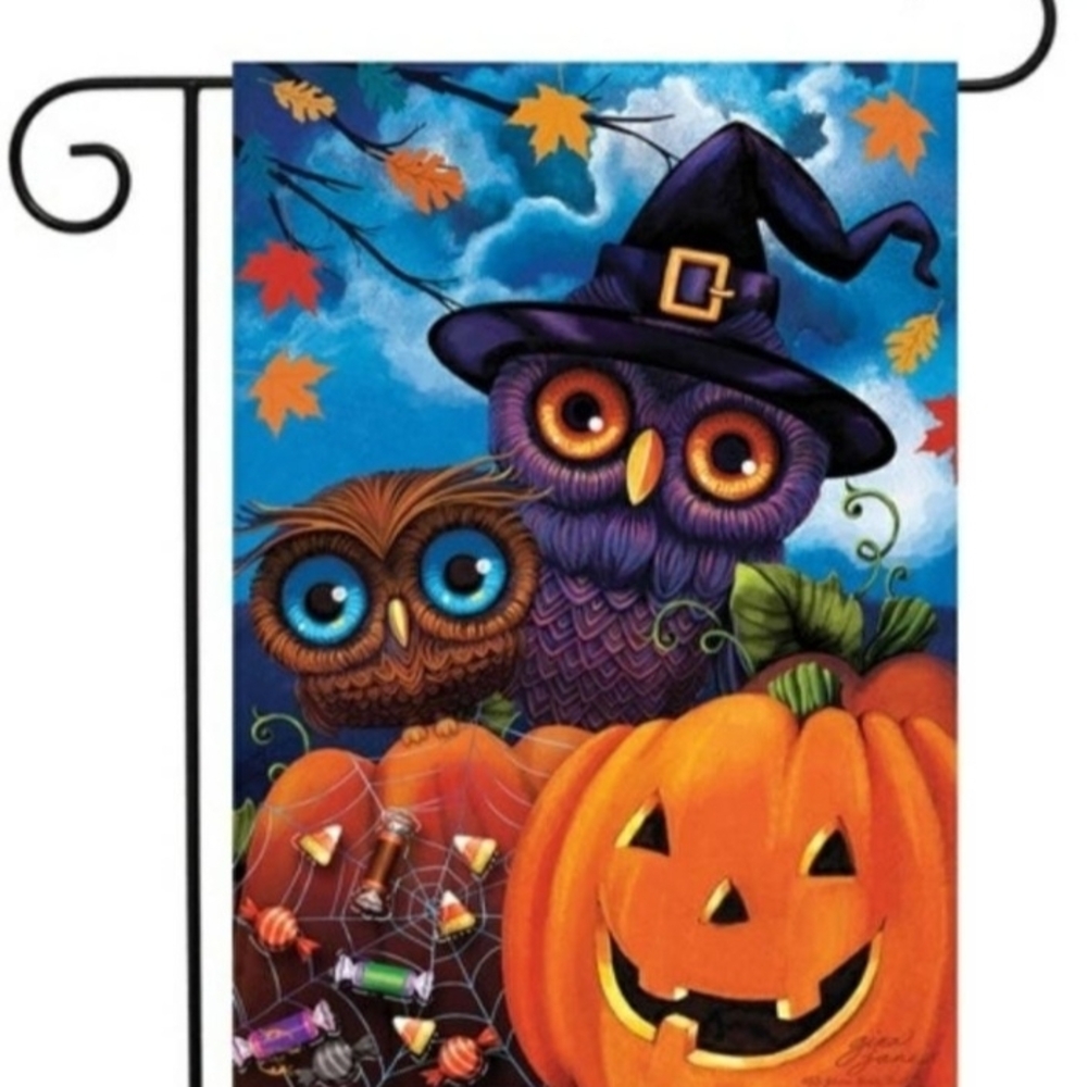 Halloween Garden Flag with Owls and Pumpkin